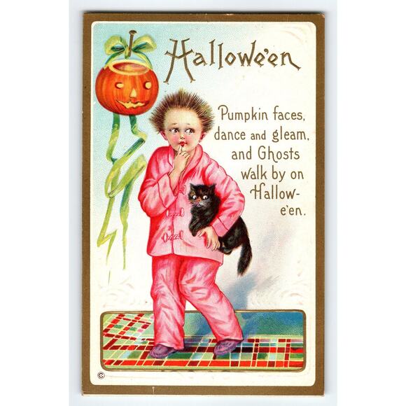 Vintage 1907-1915 Halloween Postcard Child with Black Cat & Pumpkin - Picture 1 of 2